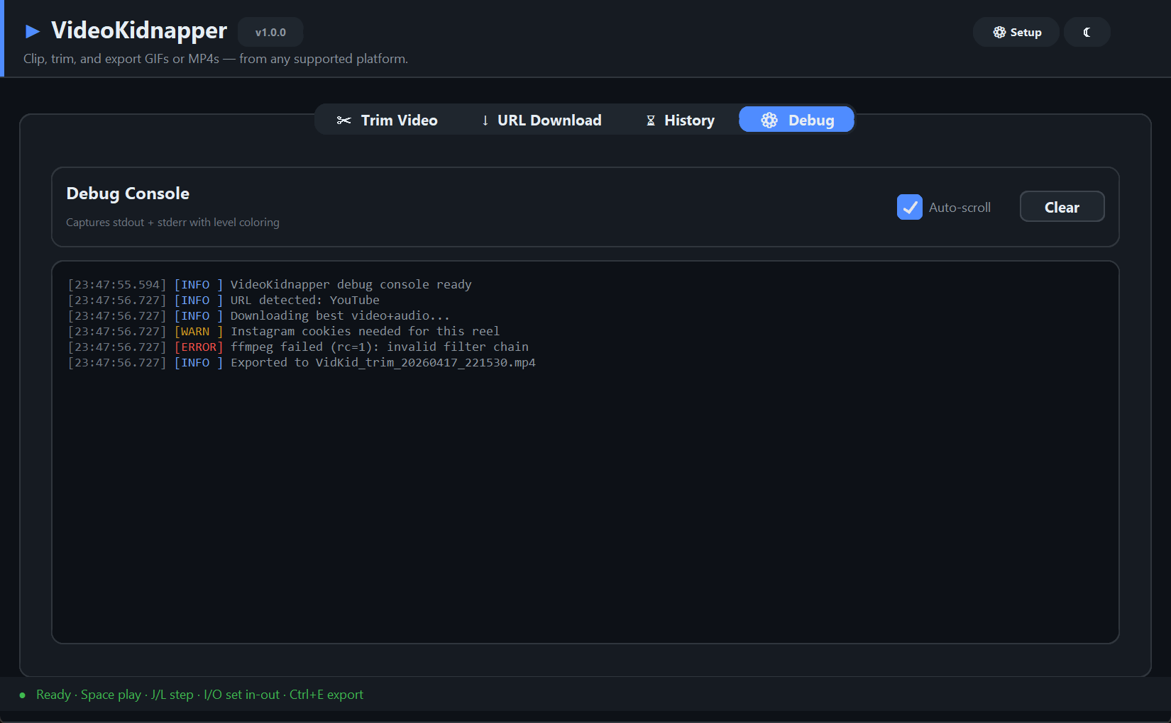 Debug tab with color-coded log levels