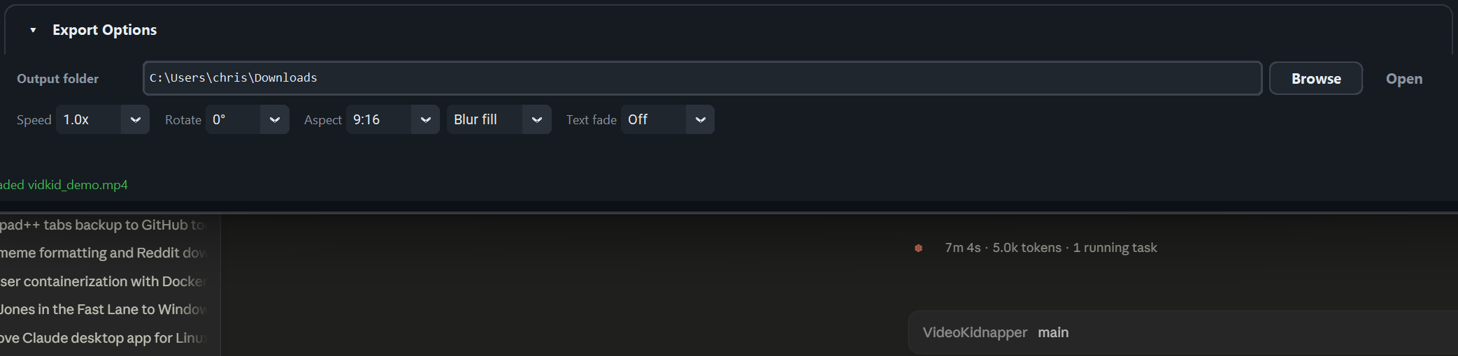 Expanded export options panel with GIF tuning controls