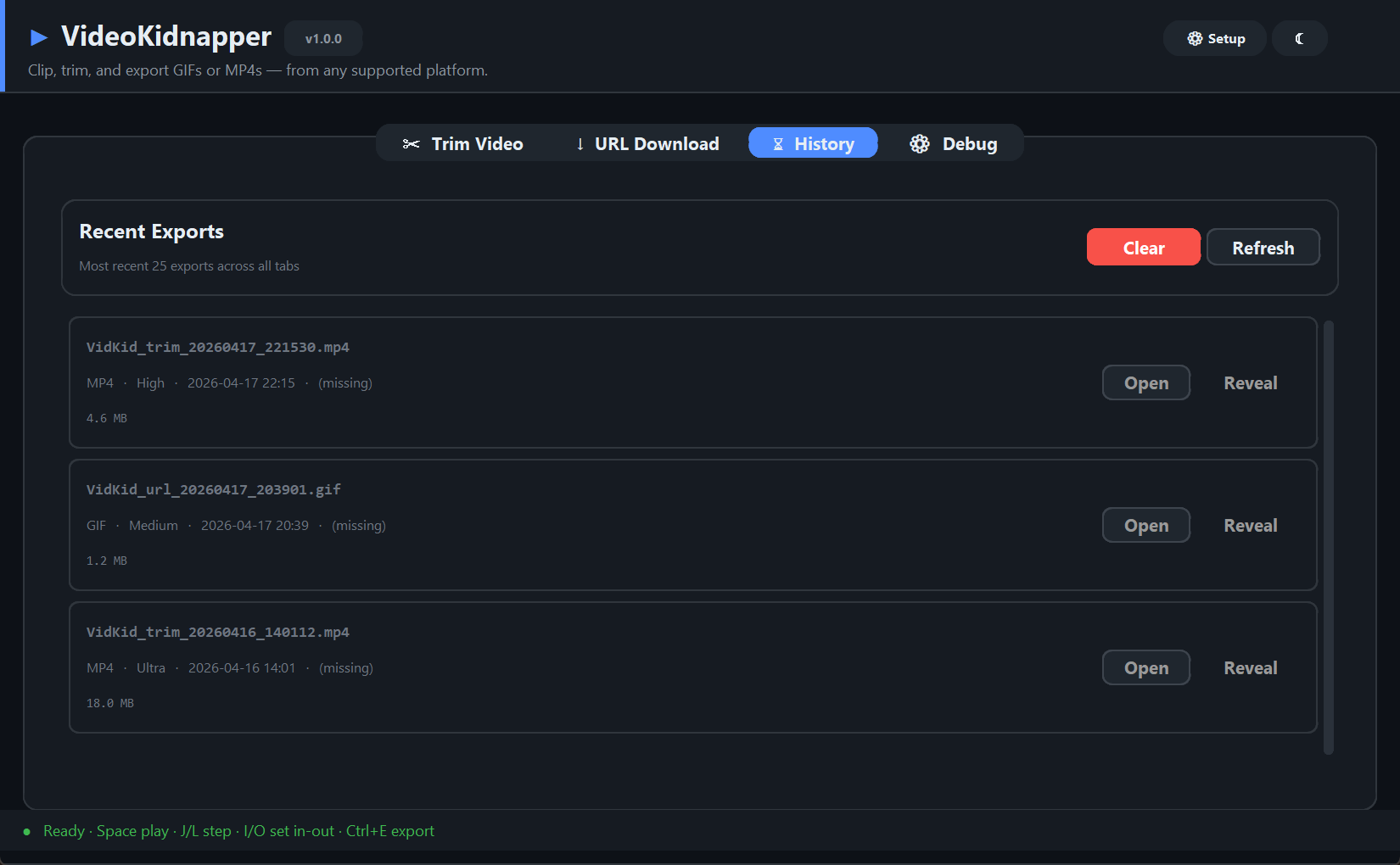 History tab listing recent exports