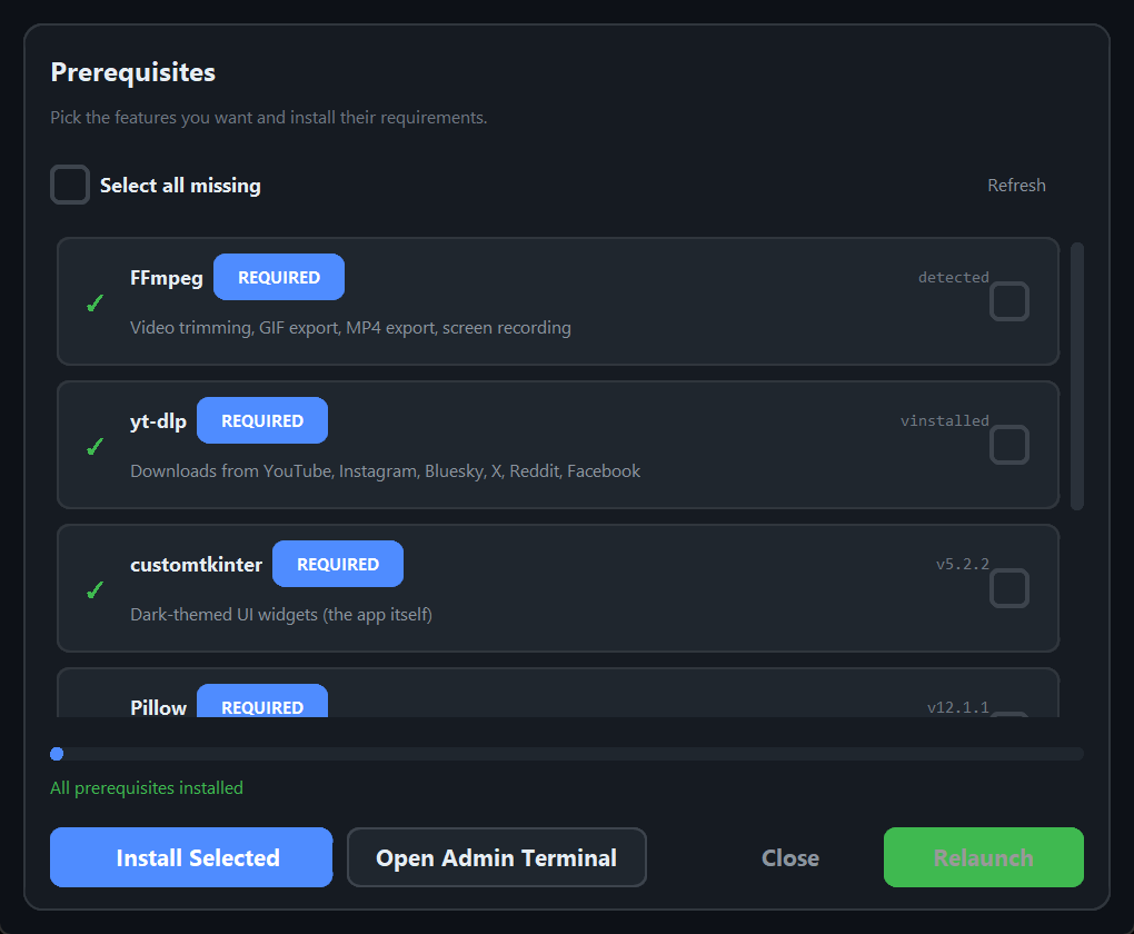 Setup dialog listing prerequisites with install buttons