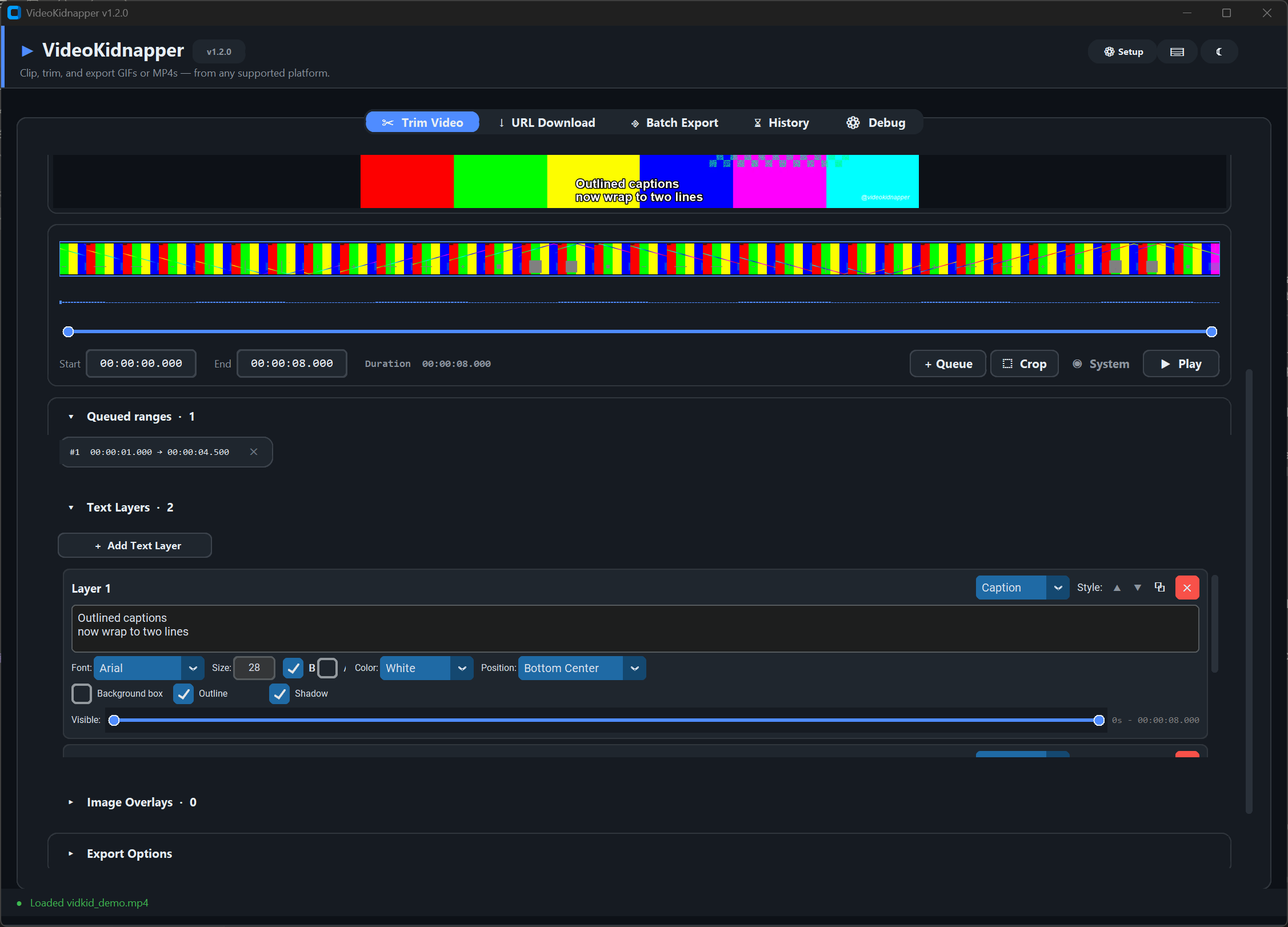 Trim tab with a video loaded, queued range, and caption text layer
