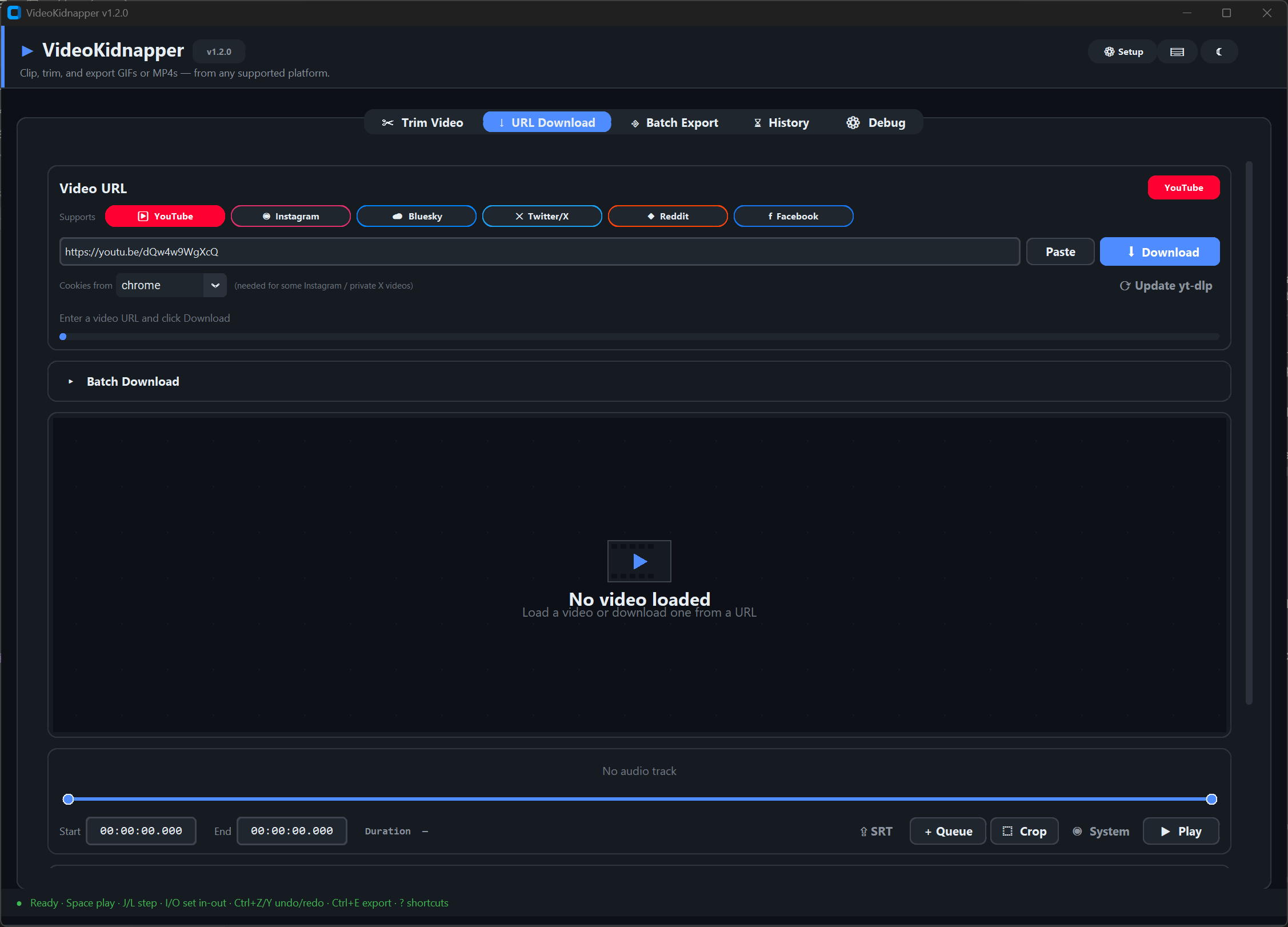 URL download tab with platform detection chips